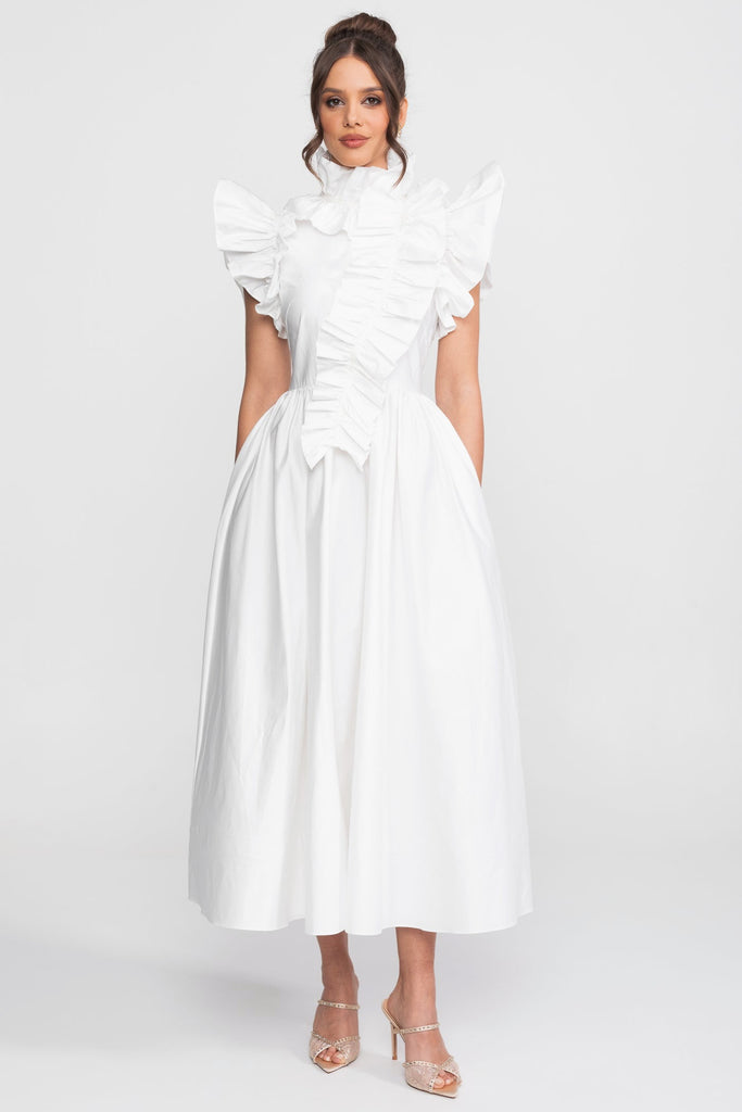 High-Neck Maxi Dress With Dramatic Ruffle Bib Front - White