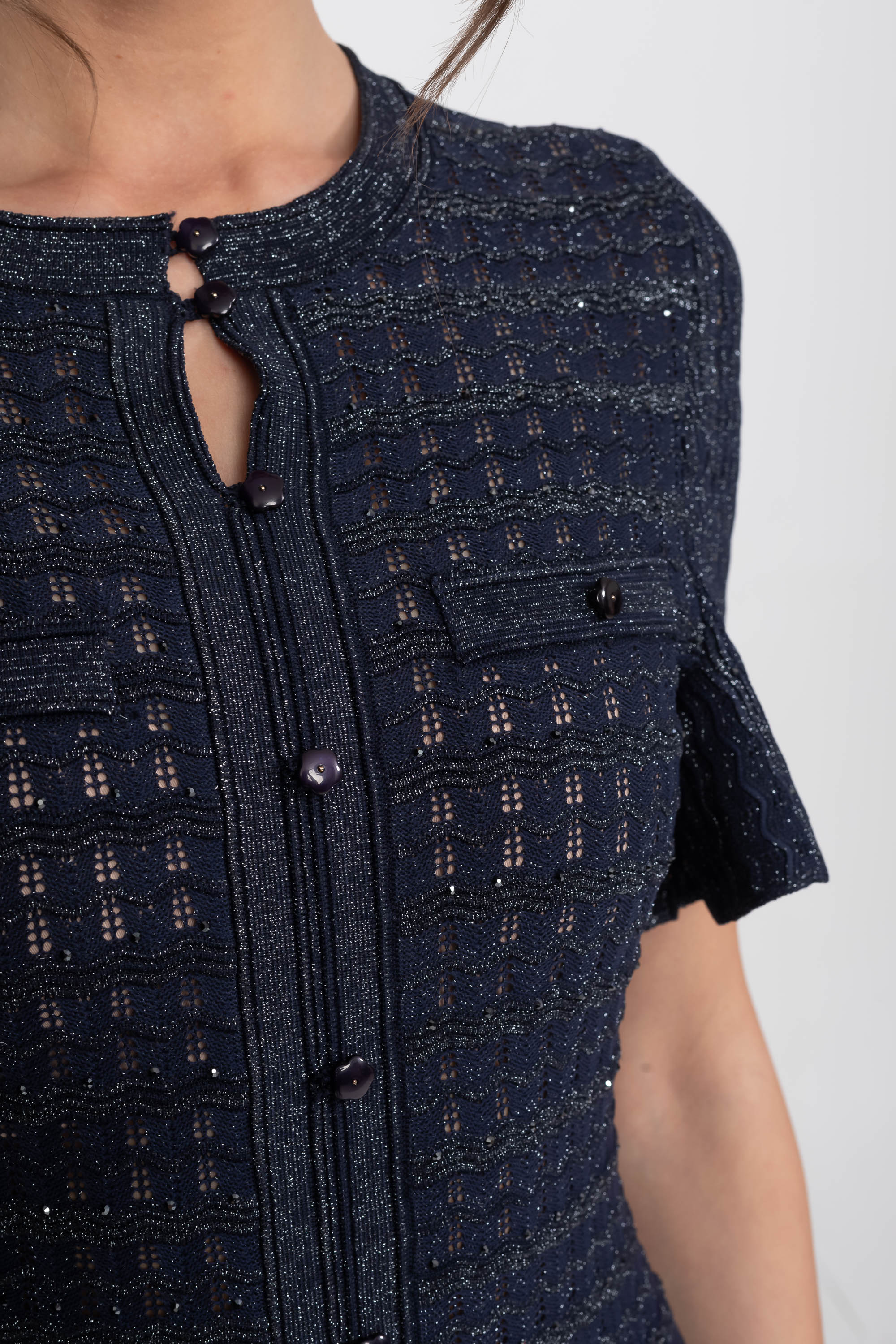 Short Sleeve Midi Dress With Shimmer Knit Texture - Navy