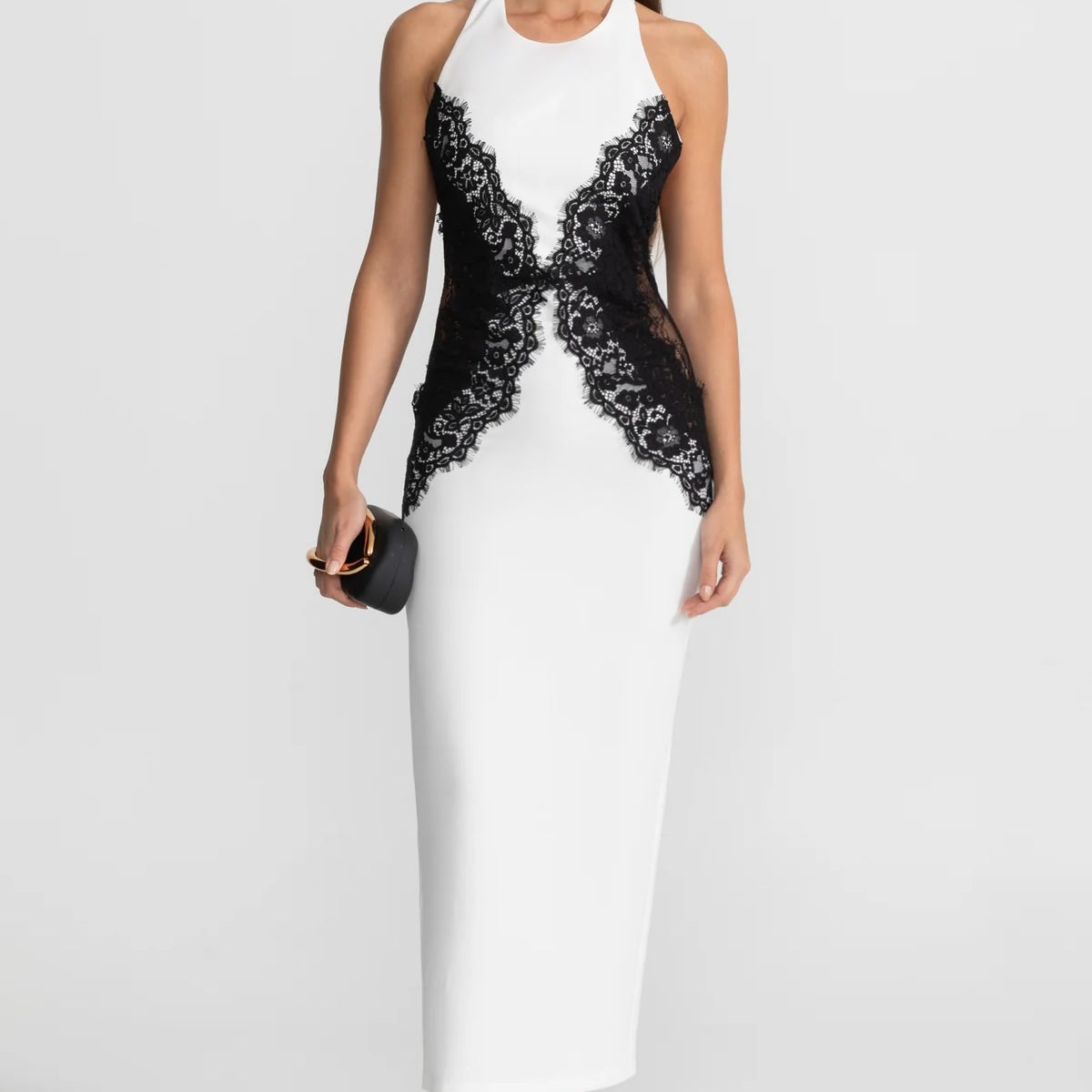 Halter Maxi Dress with Contrast Lace Panels  White, Xs