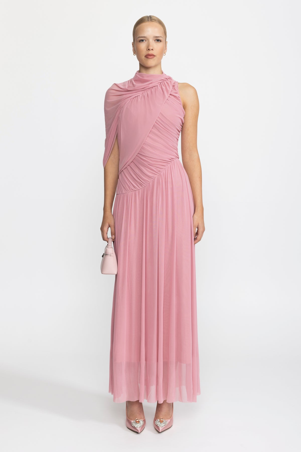 Draped Scarf Neck Mesh Maxi Dress - Pink