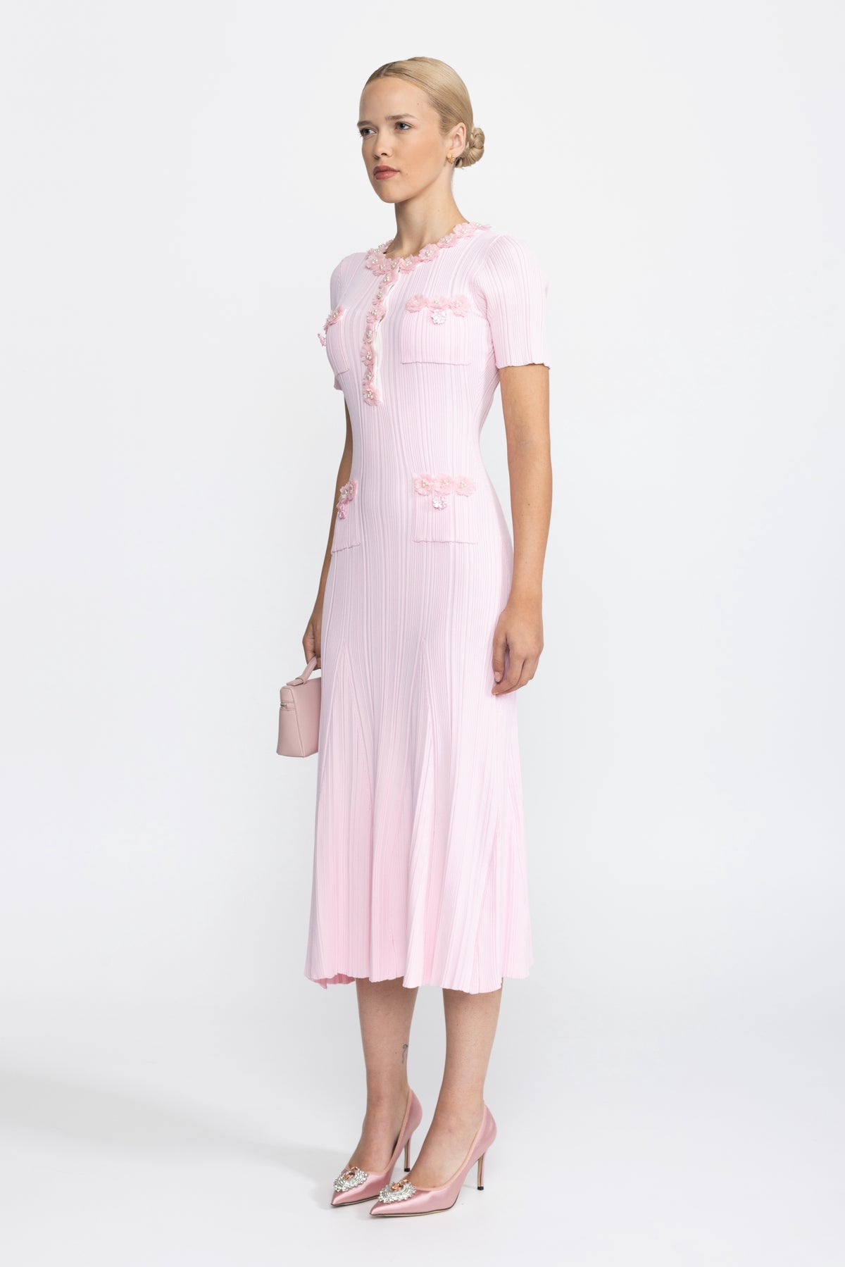 Ribbed Knit Flower Appliqué Midi Dress - Pink
