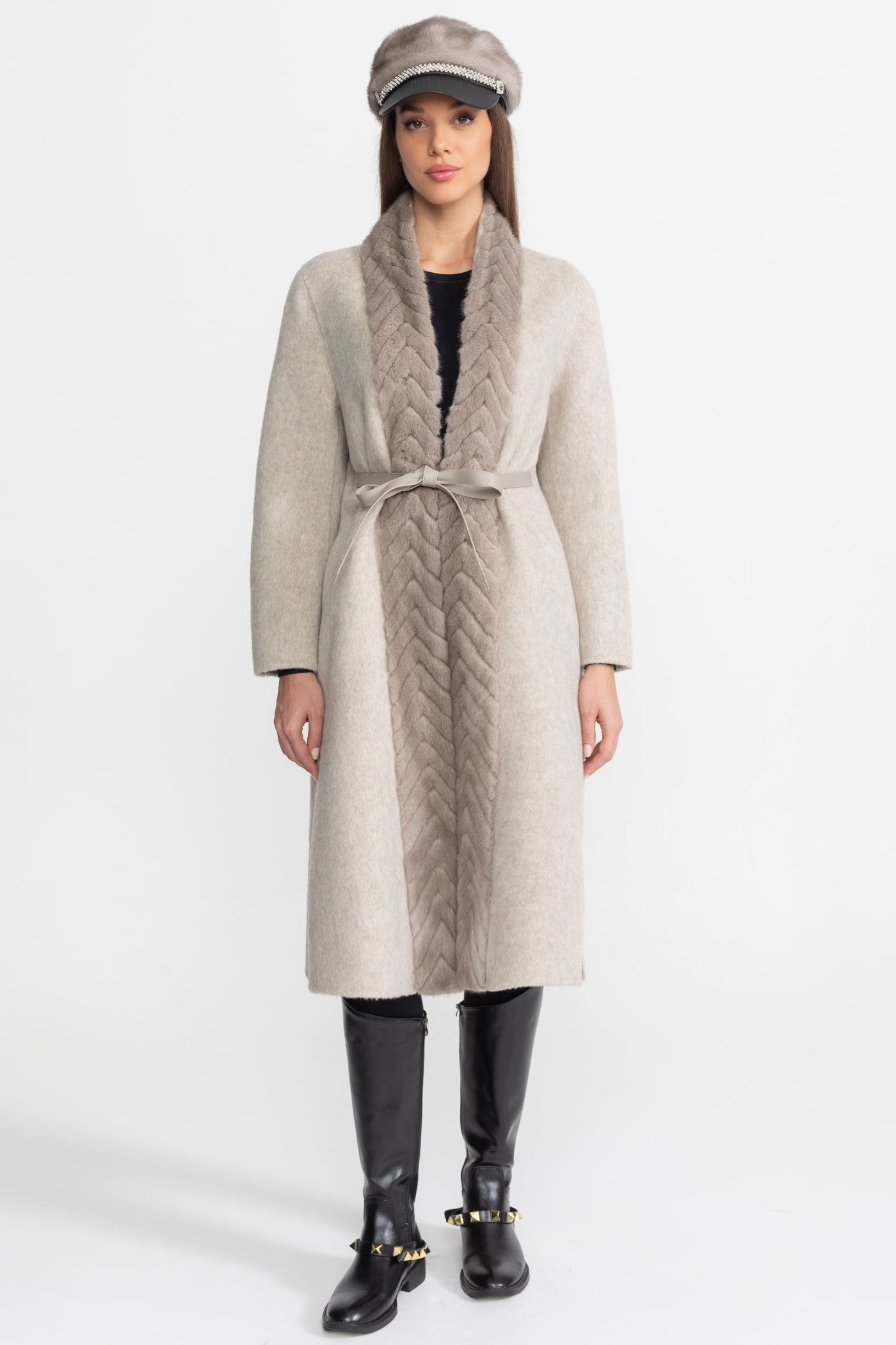 Wool Blend Belted Coat with Textured Sable Fur Panel – Beige