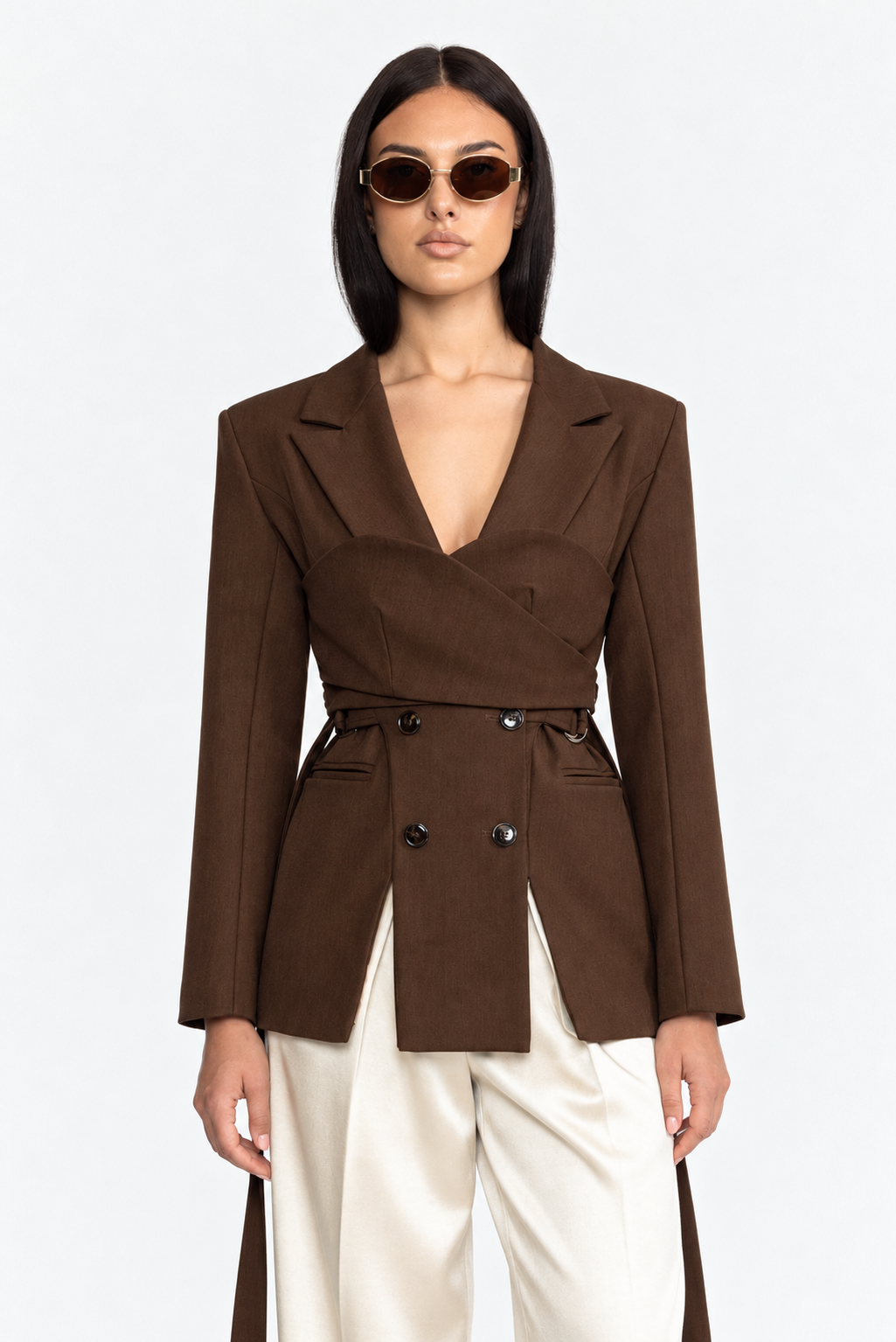 Bustier Wrap Double-Breasted Blazer - Brown