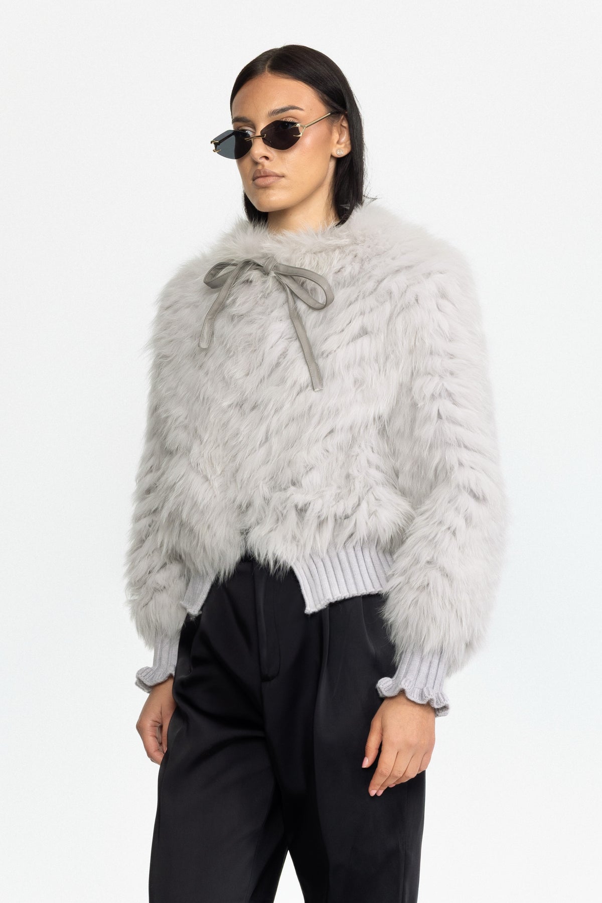 Knitted Fox Fur Bomber Jacket with Tie Neck - Grey
