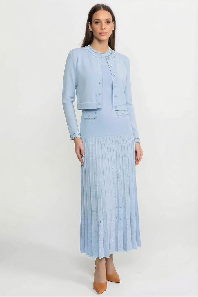 Knitted Cardigan With Pearl Buttons And Embellishments - Blue