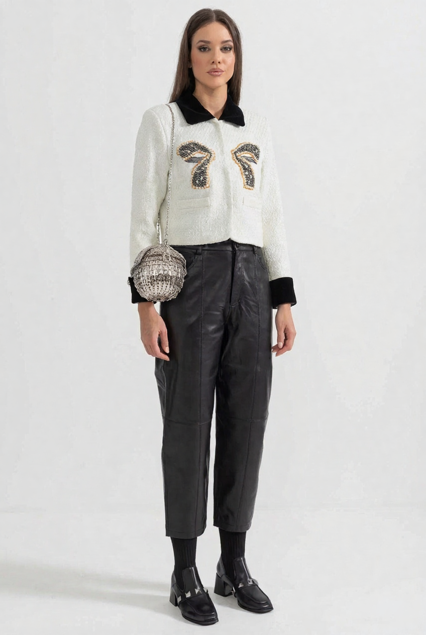 Tweed Blazer With Contrasting Elements And Metallic Bow Accent - White