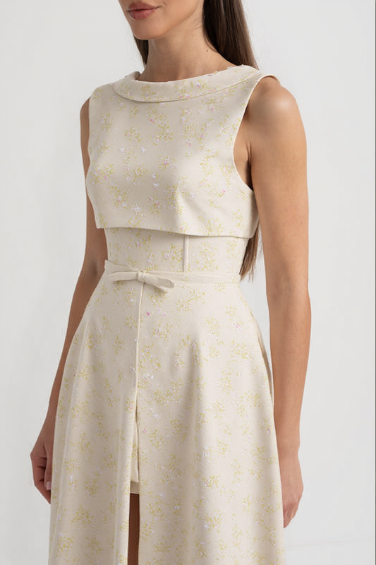 Floral Embroidered Sleeveless Dress With High Neckline And Front Slit - Ivoire