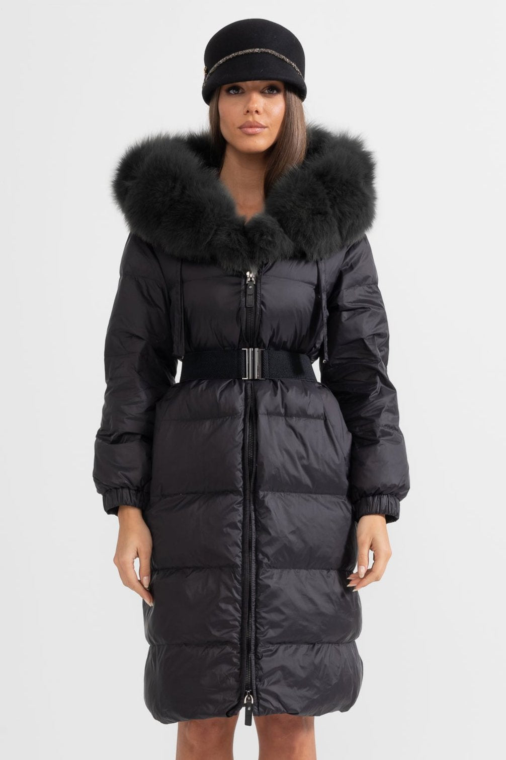 Long Puffer Jacket With Black Fox Fur-Lined Hood - Black