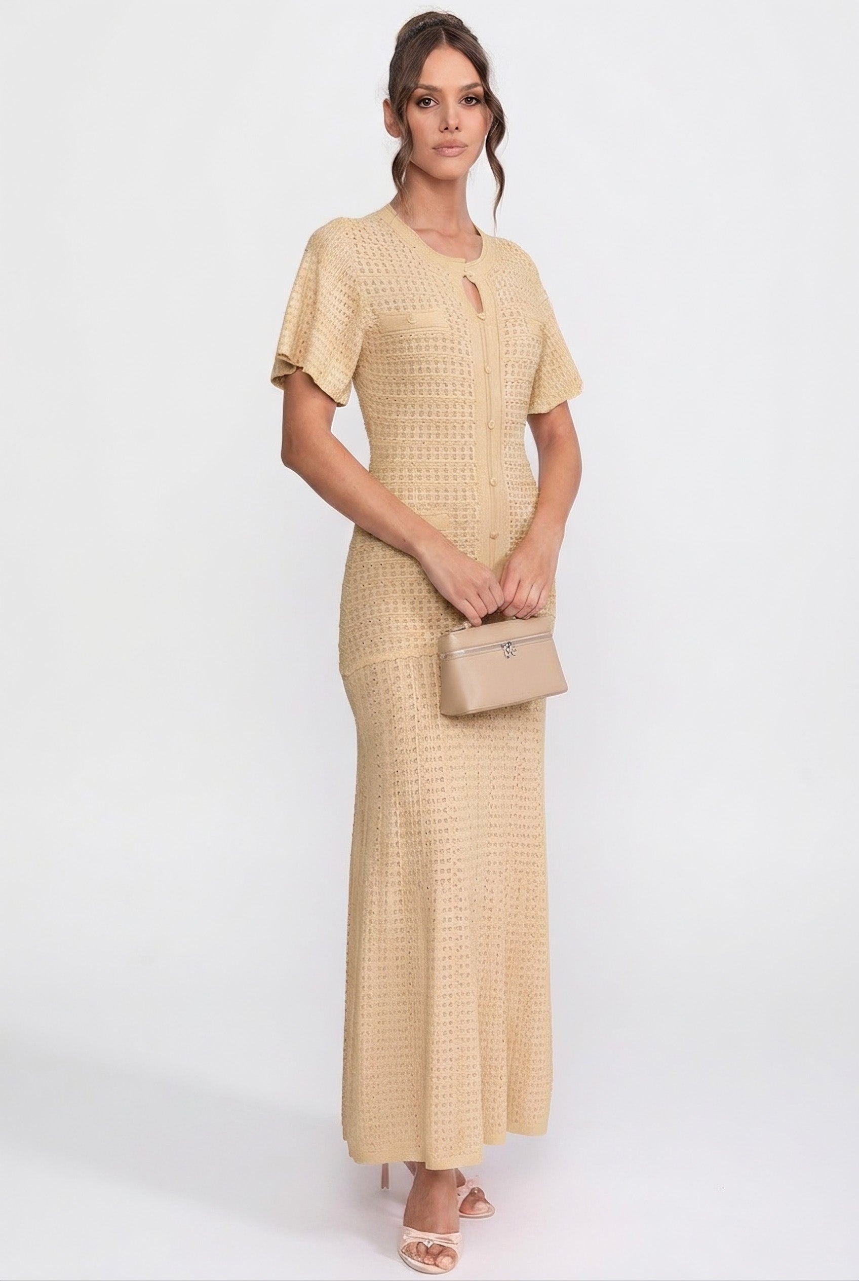 Short Sleeve Midi Dress With Shimmer Knit Texture - Beige