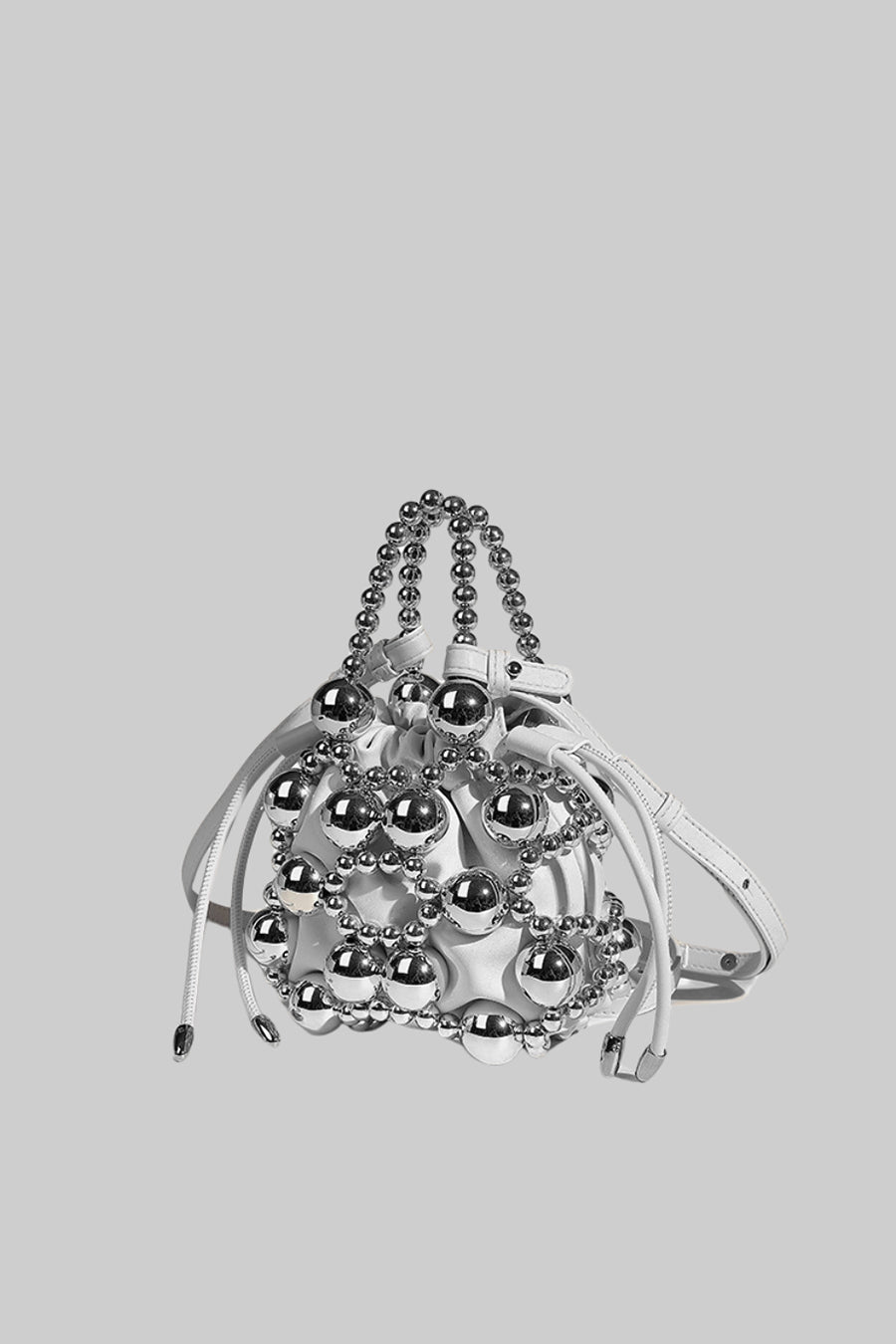 Vegan Leather Handbag With Metal Bead Embellishments - Silver