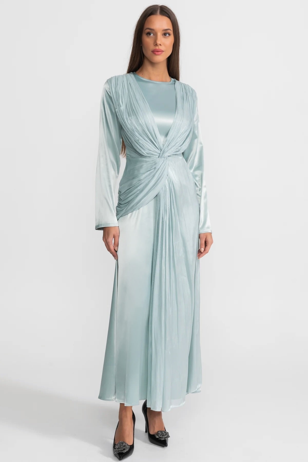 Satin Midi Dress with Draped Overlay and Knot Detail - Teal