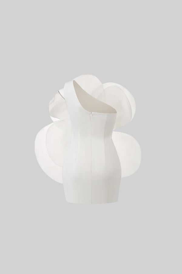 3D Voluminous Mesh Floral Mini Dress - White