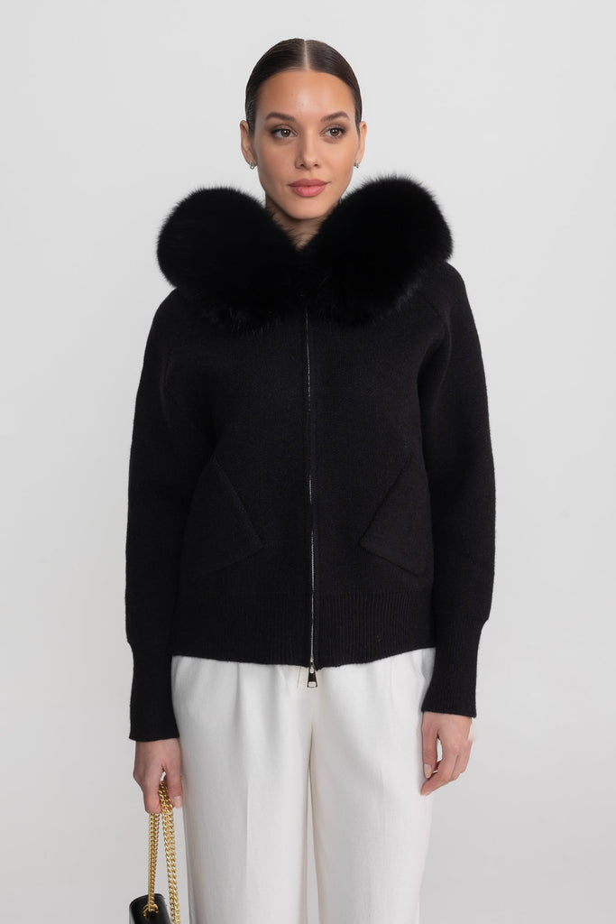 Zip-Up Wool Hoodie With Fox Fur Collar – Black