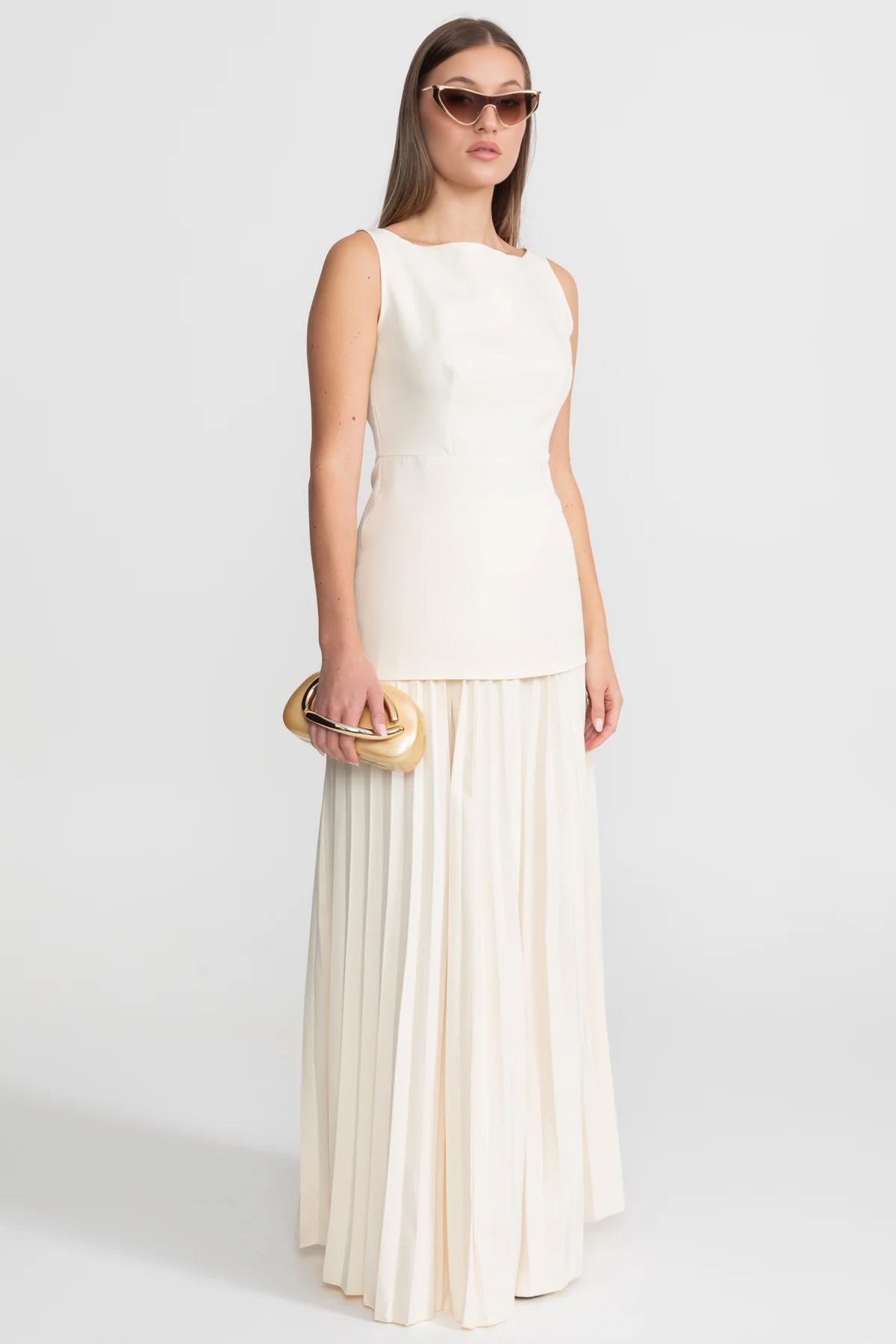 Sleeveless Maxi Co-Ord With Tailored Bodice And Pleated Skirt - Ivoire