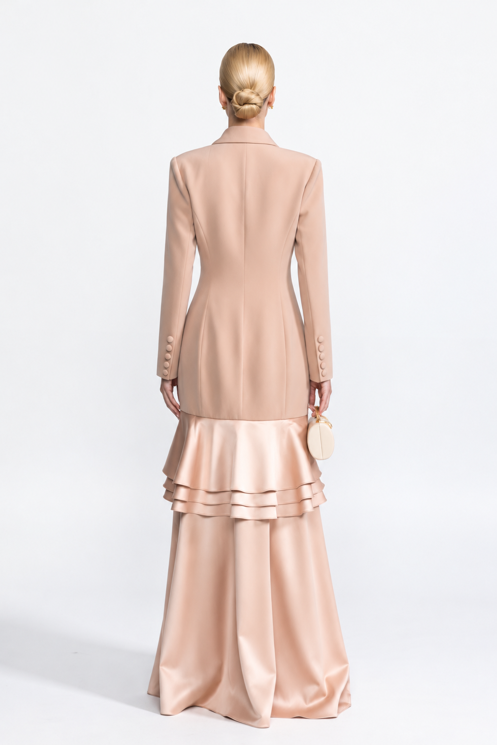 Satin Ruffle Hem Double-Breasted Blazer Maxi Dress - Beige