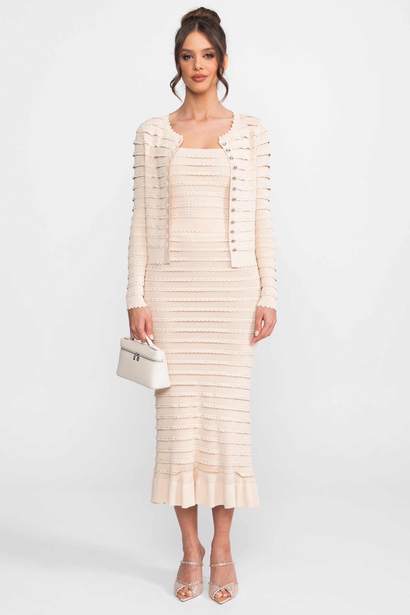 Textured Knit 2 Piece Set With Blazer and Midi Skirt - Beige