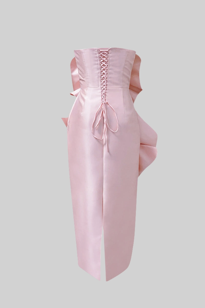 3D Voluminous Flower Design Midi Dress - Light Pink