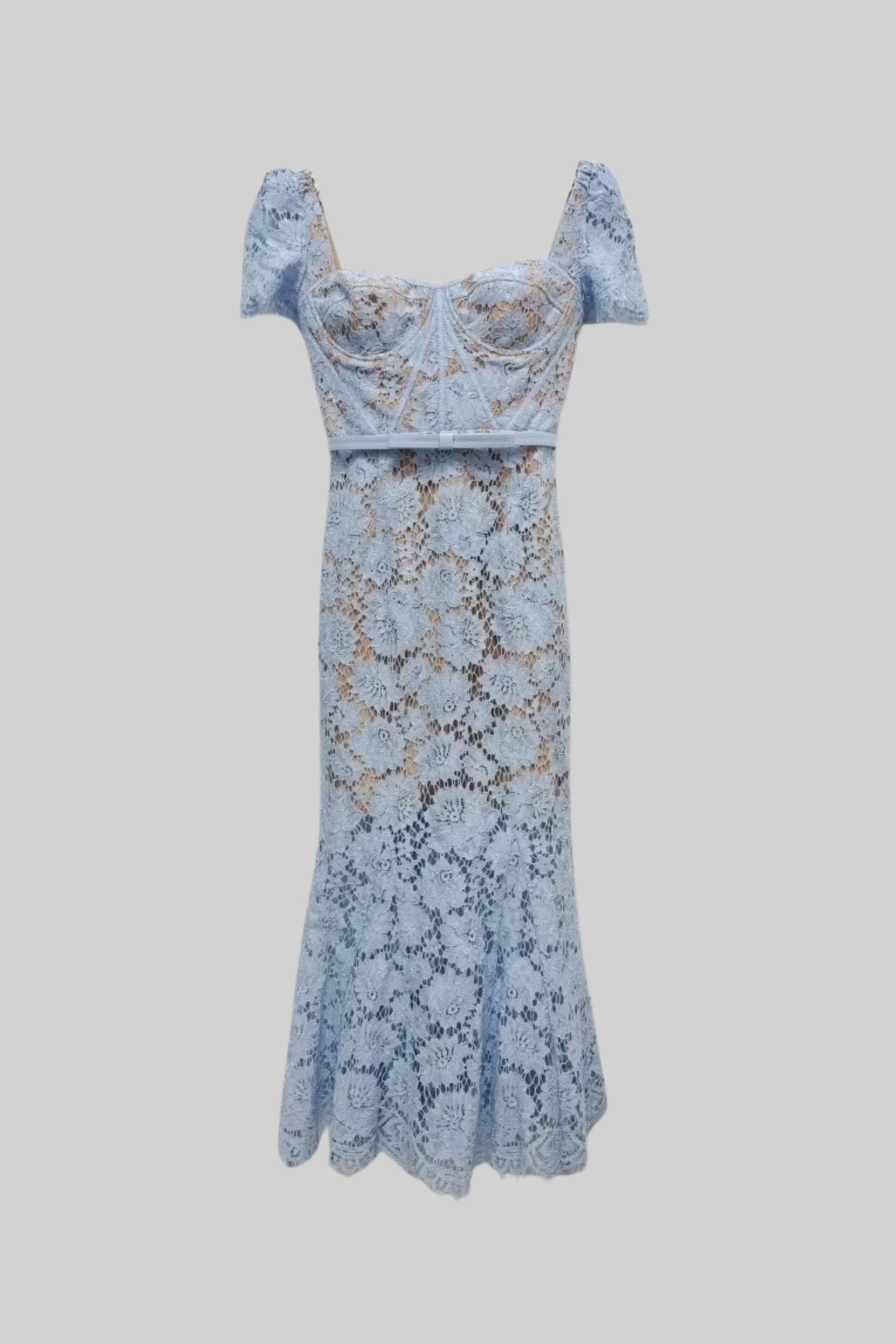 Short Sleeved Lace Dress With Delicate Matching Waist Belt - Blue, S Short Sleeved Lace Dress With Delicate Matching Waist Belt - Blue, S