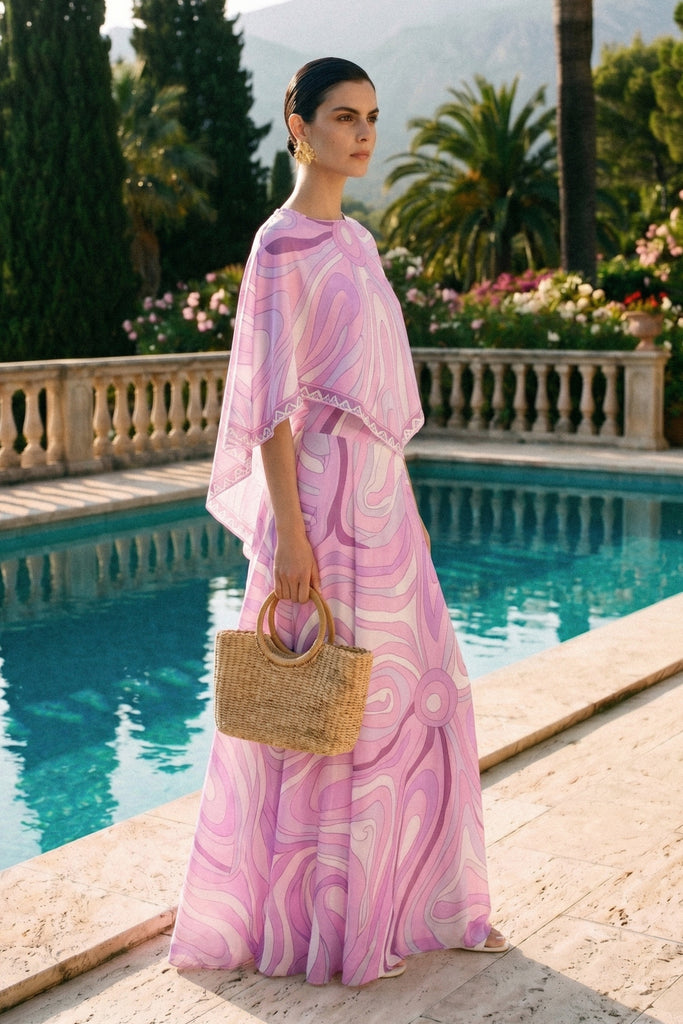 Printed Cape Top And Maxi Skirt Co-Ord Set - Pink