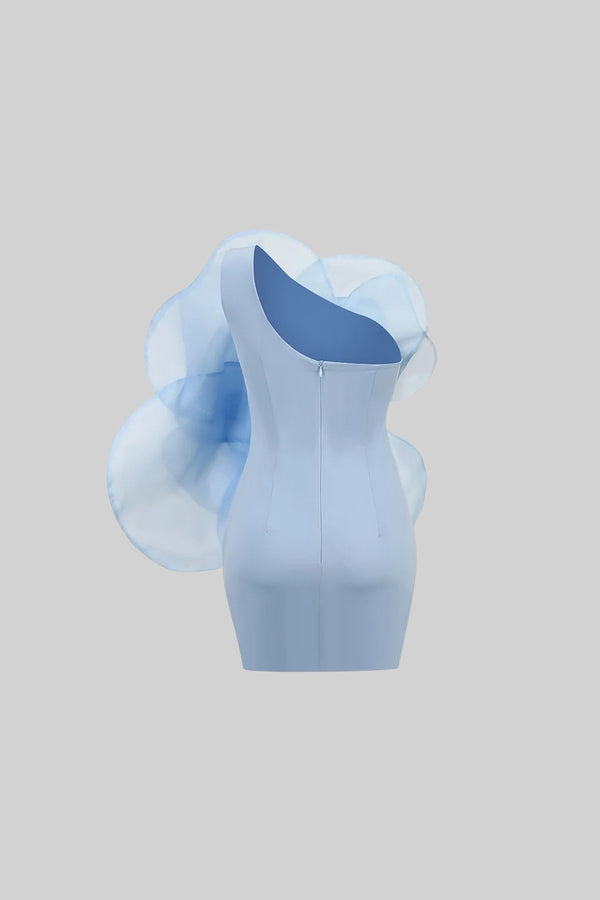 3D Voluminous Mesh Floral Mini Dress - Blue