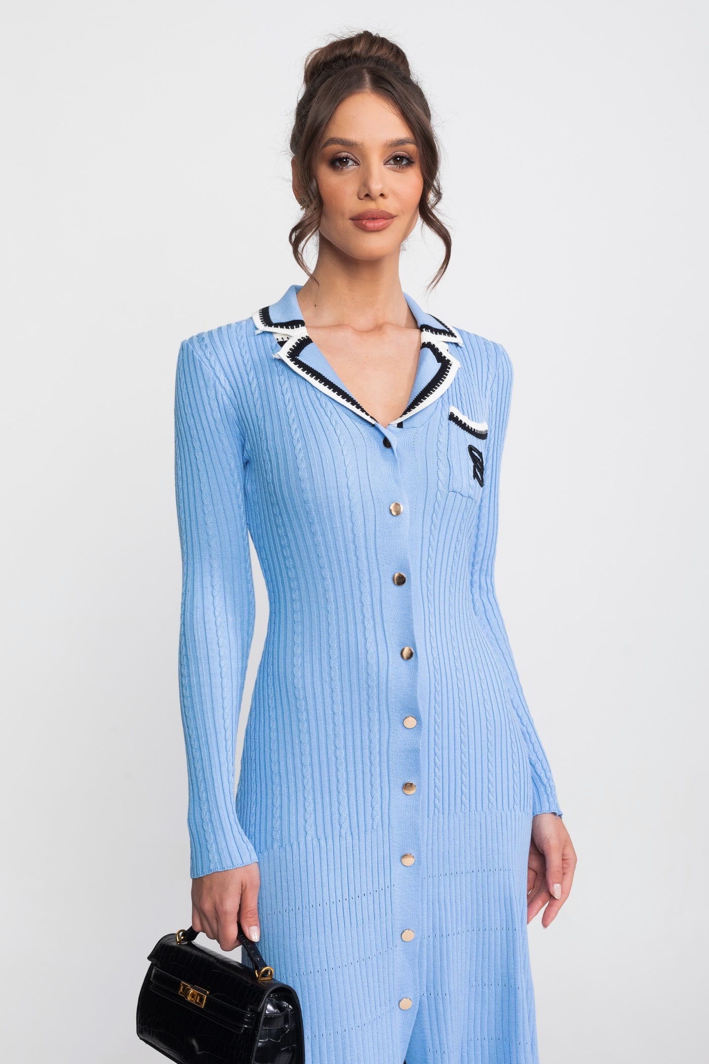 Long Sleeve Knit Midi Dress With Polo Collar And Monogram Patch - Blue