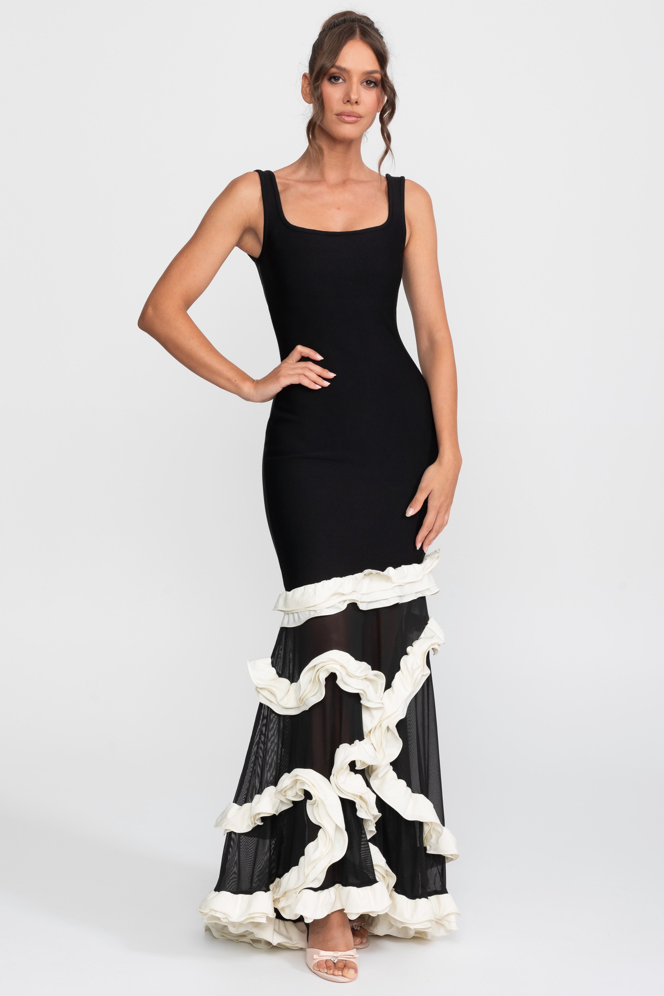 Ruffle Hem Bodycon Dress With Square Neck - Black