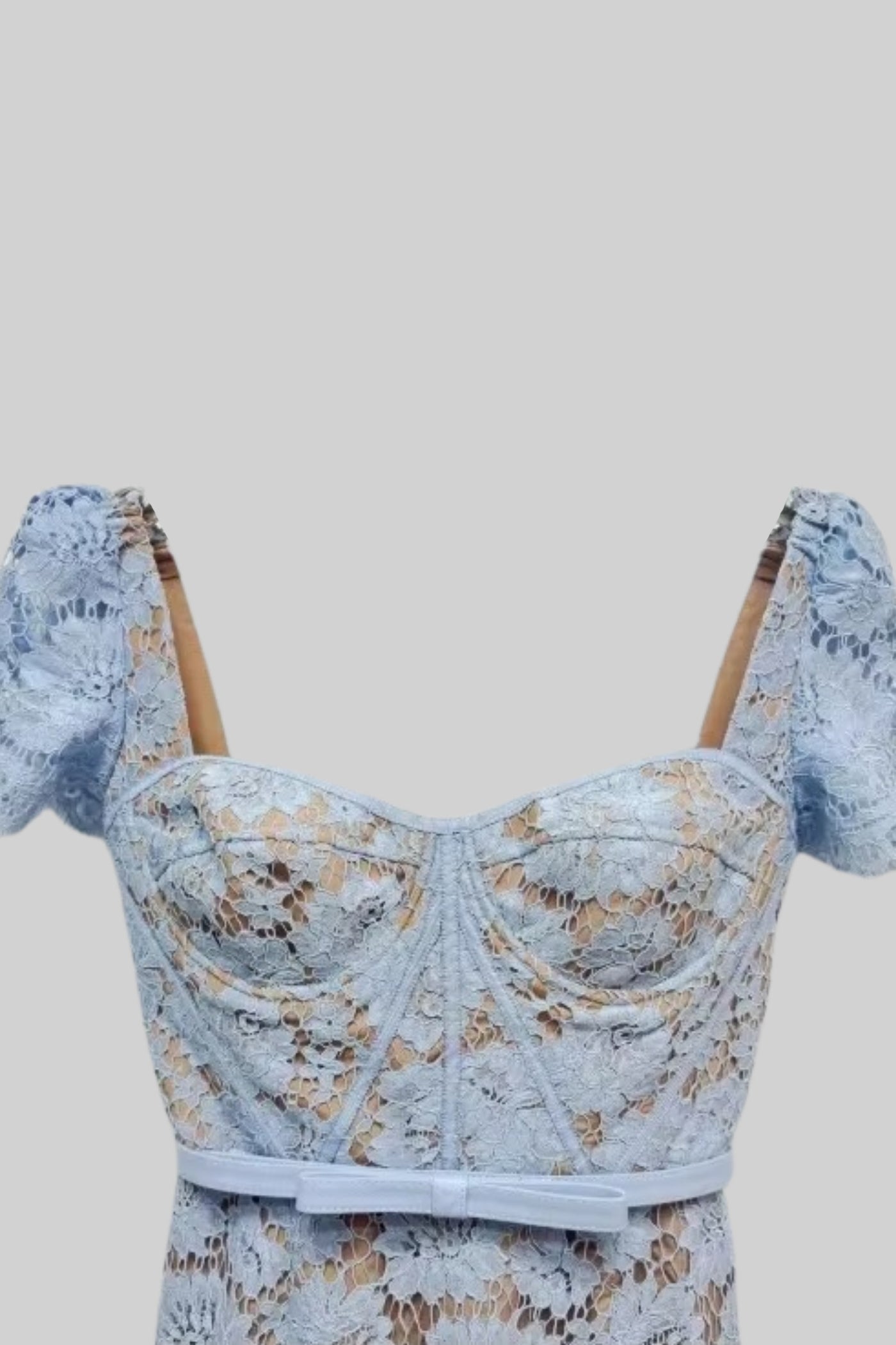Short Sleeved Lace Dress With Delicate Matching Waist Belt - Blue, S Short Sleeved Lace Dress With Delicate Matching Waist Belt - Blue, S