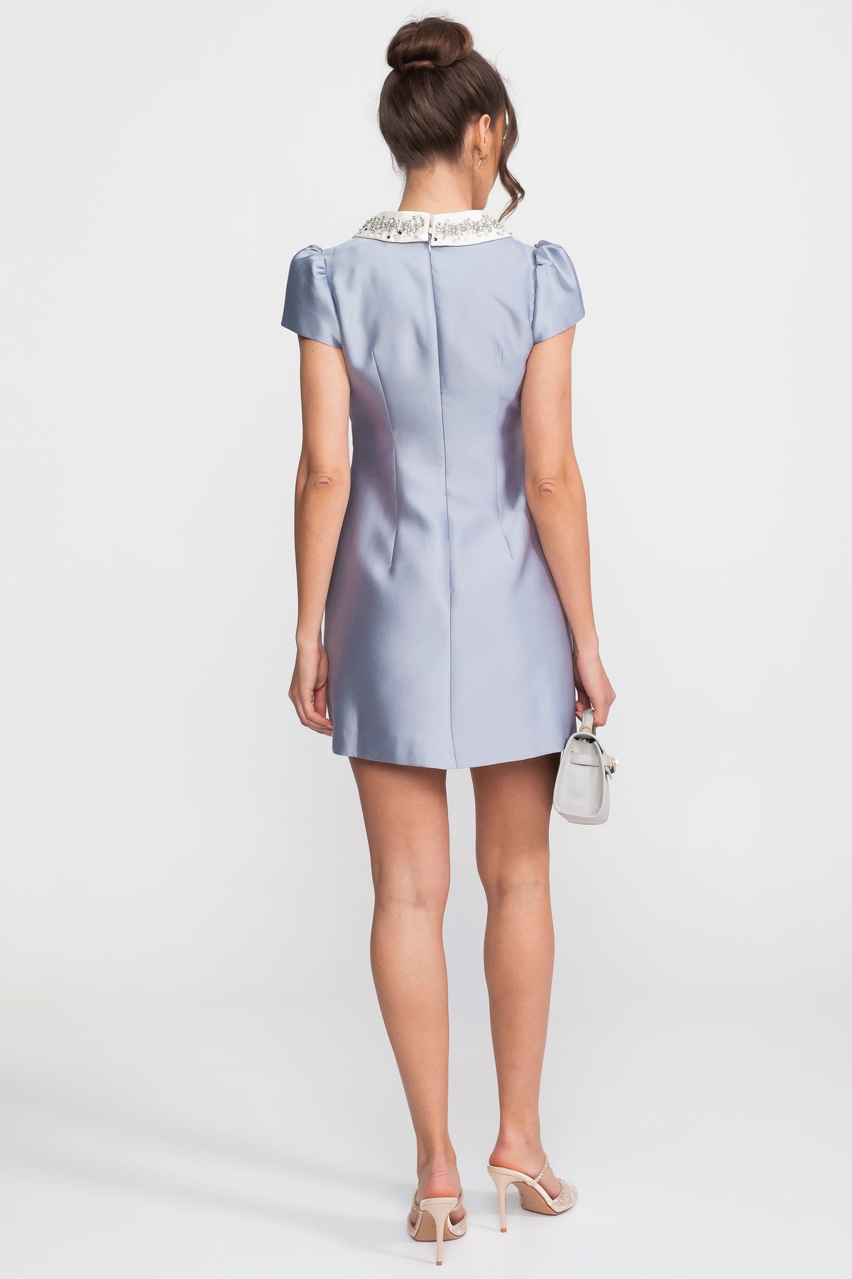 Satin Mini Dress With Crystal Peter Pan Collar And Bow Waist - Light Blue