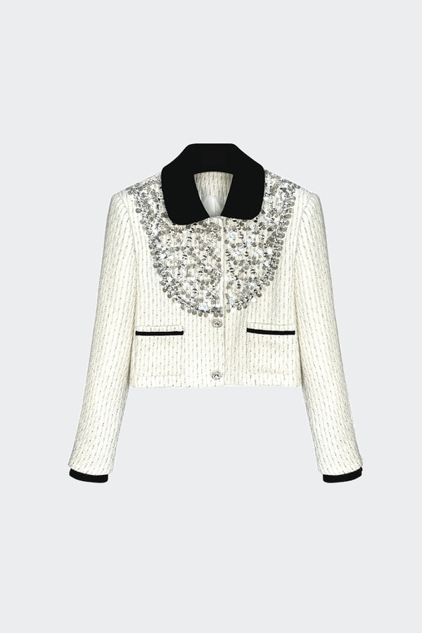 Blazer with Contrasting Collar and Jewelry Details - White