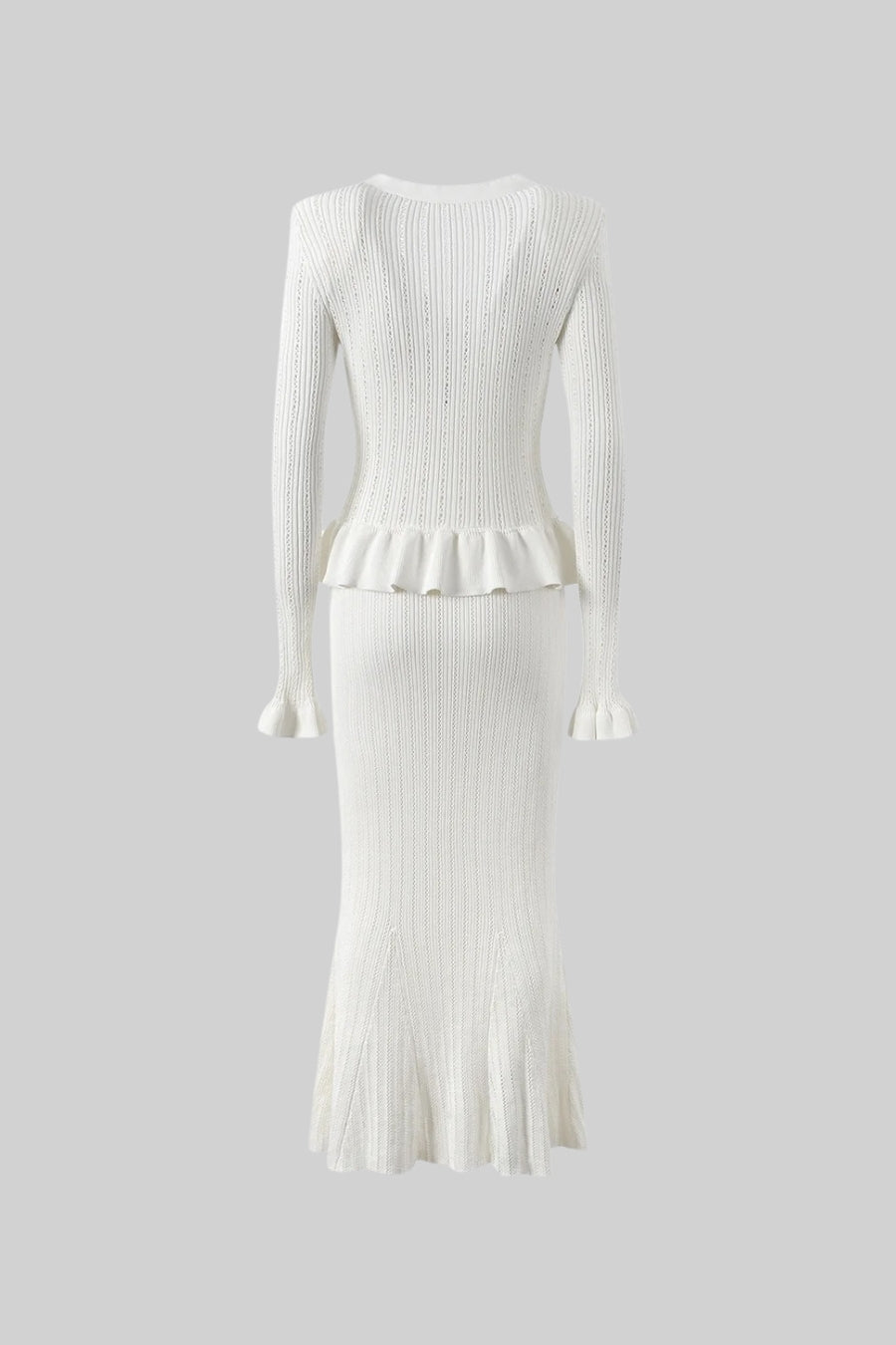 Ruffled Jacket & Flared Skirt Knit Matching Set - White