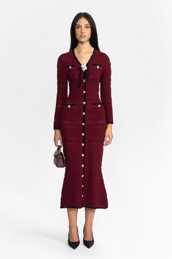 Crochet Trim Knit Button Midi Dress with Flower Brooch - Wine