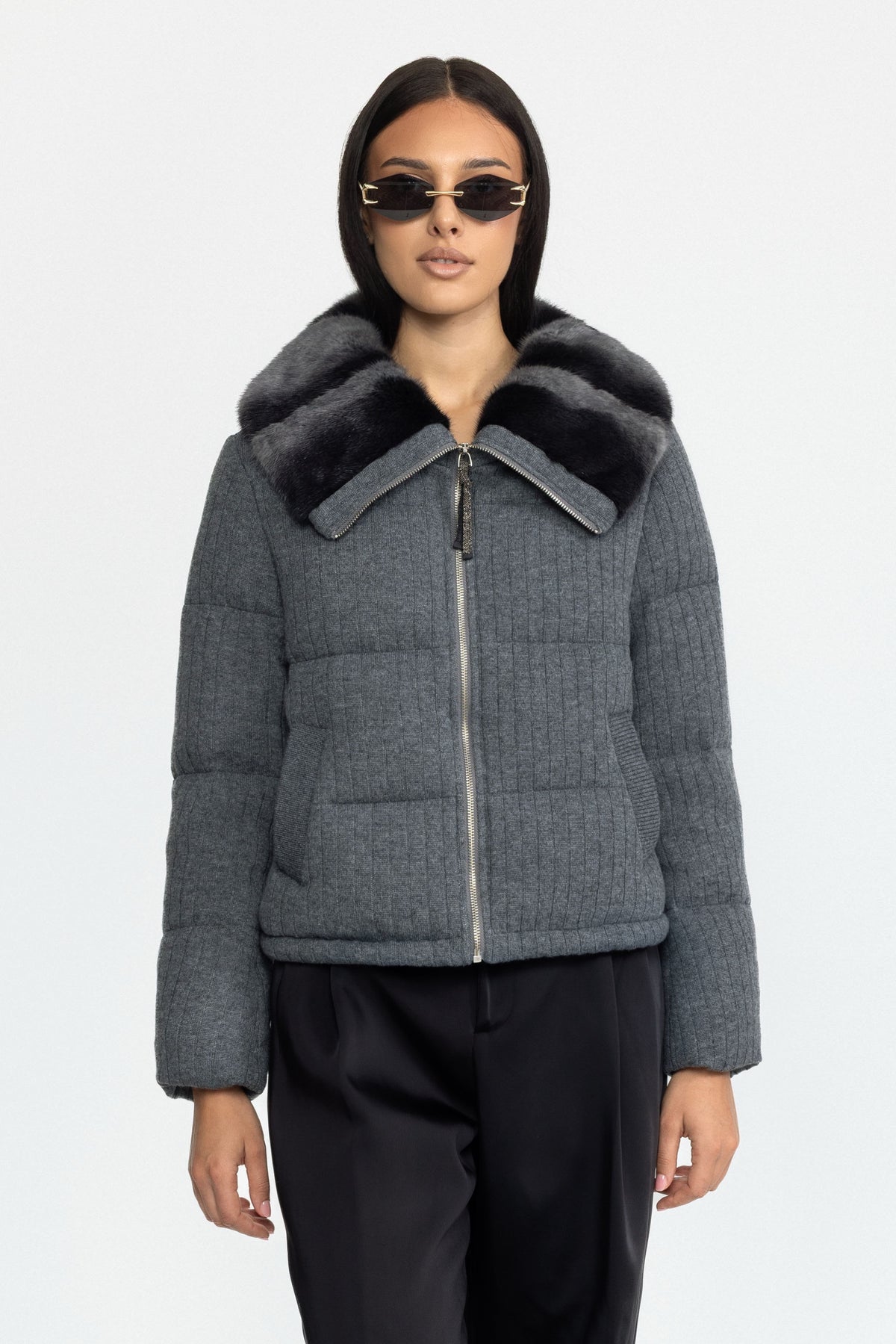 Mink Collar Knit Down Jacket - Grey