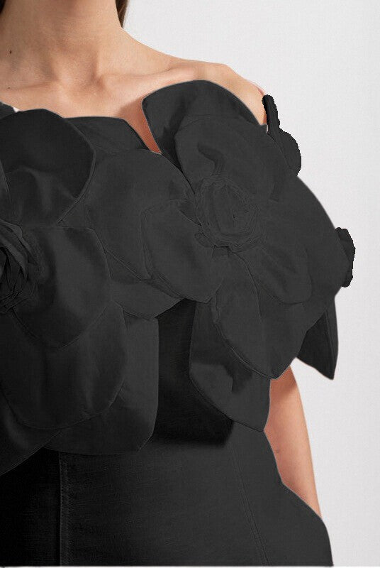 Off-Shoulder Midi Dress With Large Fabric Floral Accents - Black
