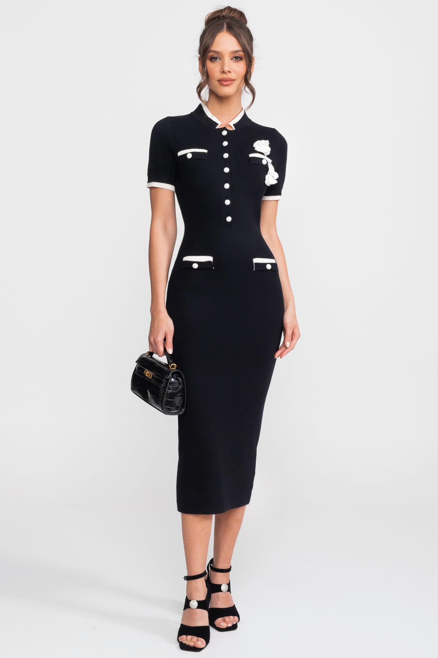 Ribbed Knit Midi Dress With Contrast Trim And Decorative Pockets - Black