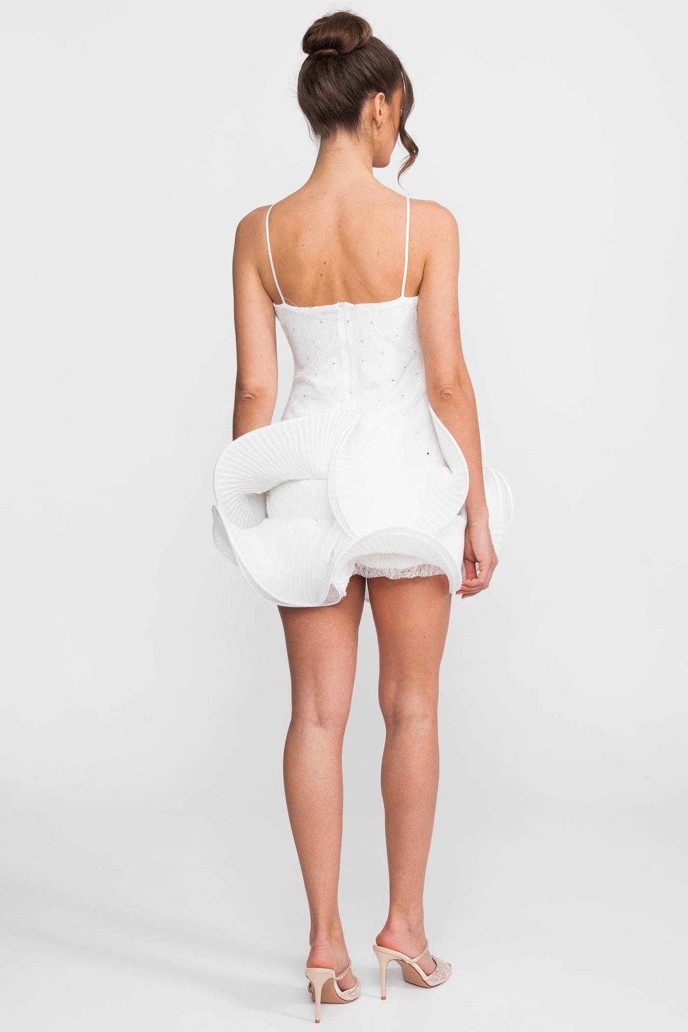 Babydoll Mini Dress With Sparkling Embellishments And Ruffled Peplum Skirt - White
