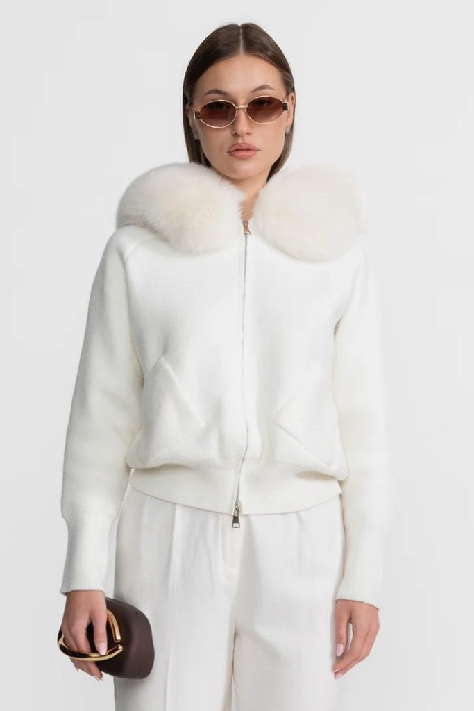 Zip-Up Wool Hoodie With Fox Fur Collar – White