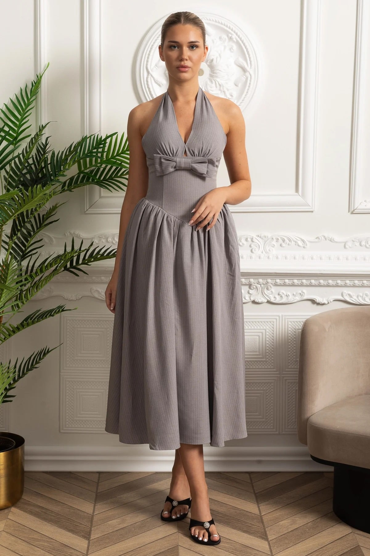 Halterneck Midi Dress With Bow Detail And Gathered Skirt - Gray