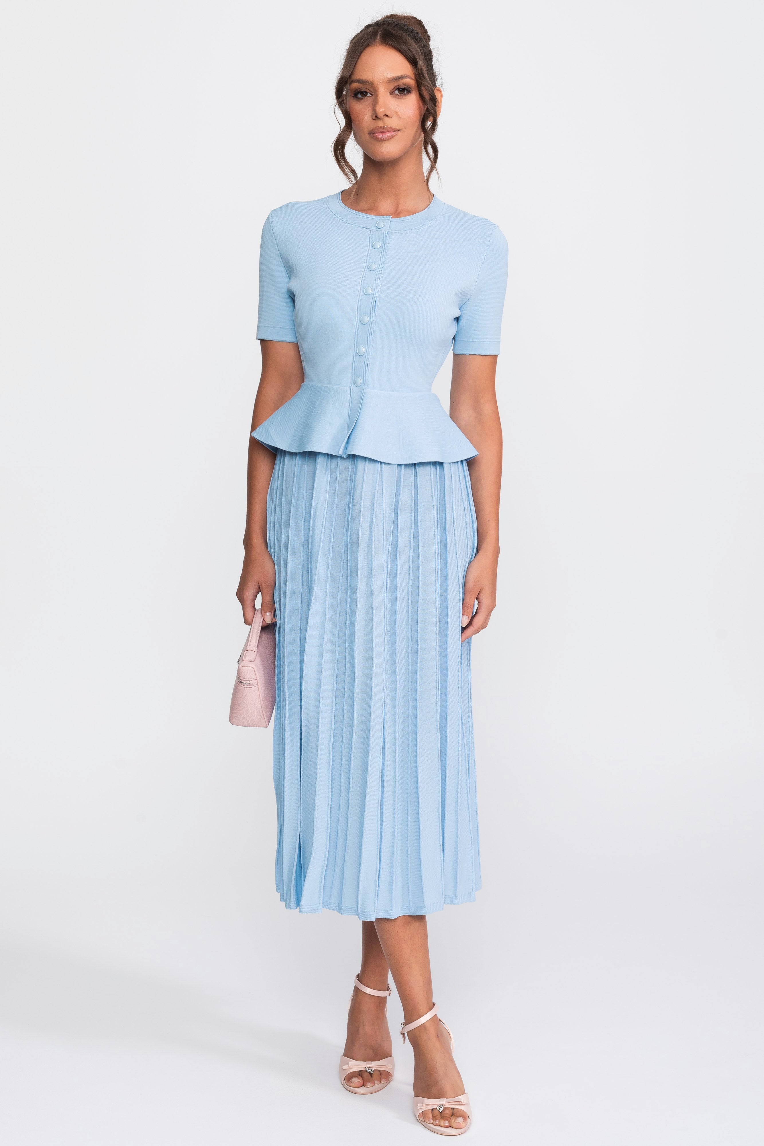 Peplum Knit Midi Dress With Button Front - Light Blue