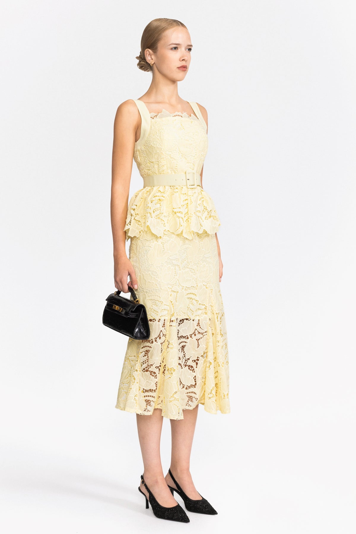 Guipure Lace Peplum Midi Dress - Yellow