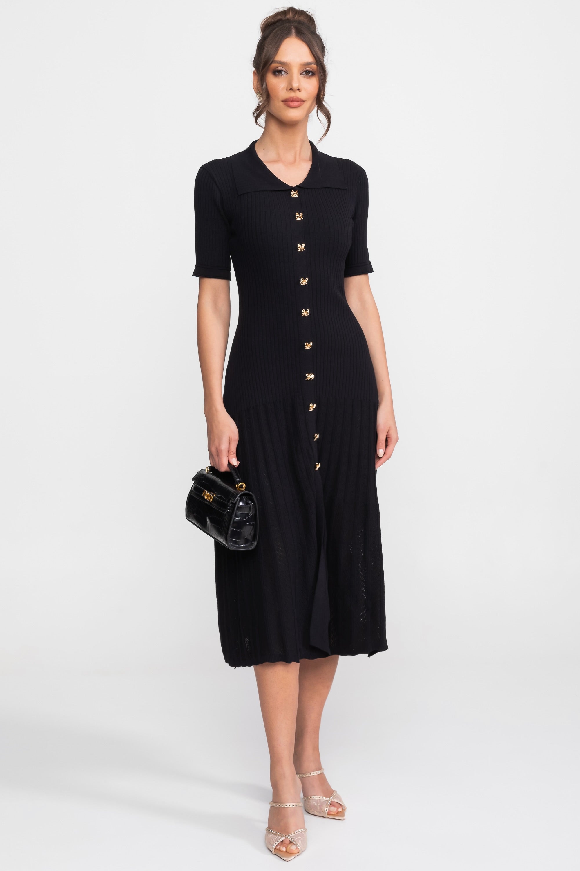 Ribbed Knit Midi Dress With Peter Pan Collar And Pleated Skirt - Black