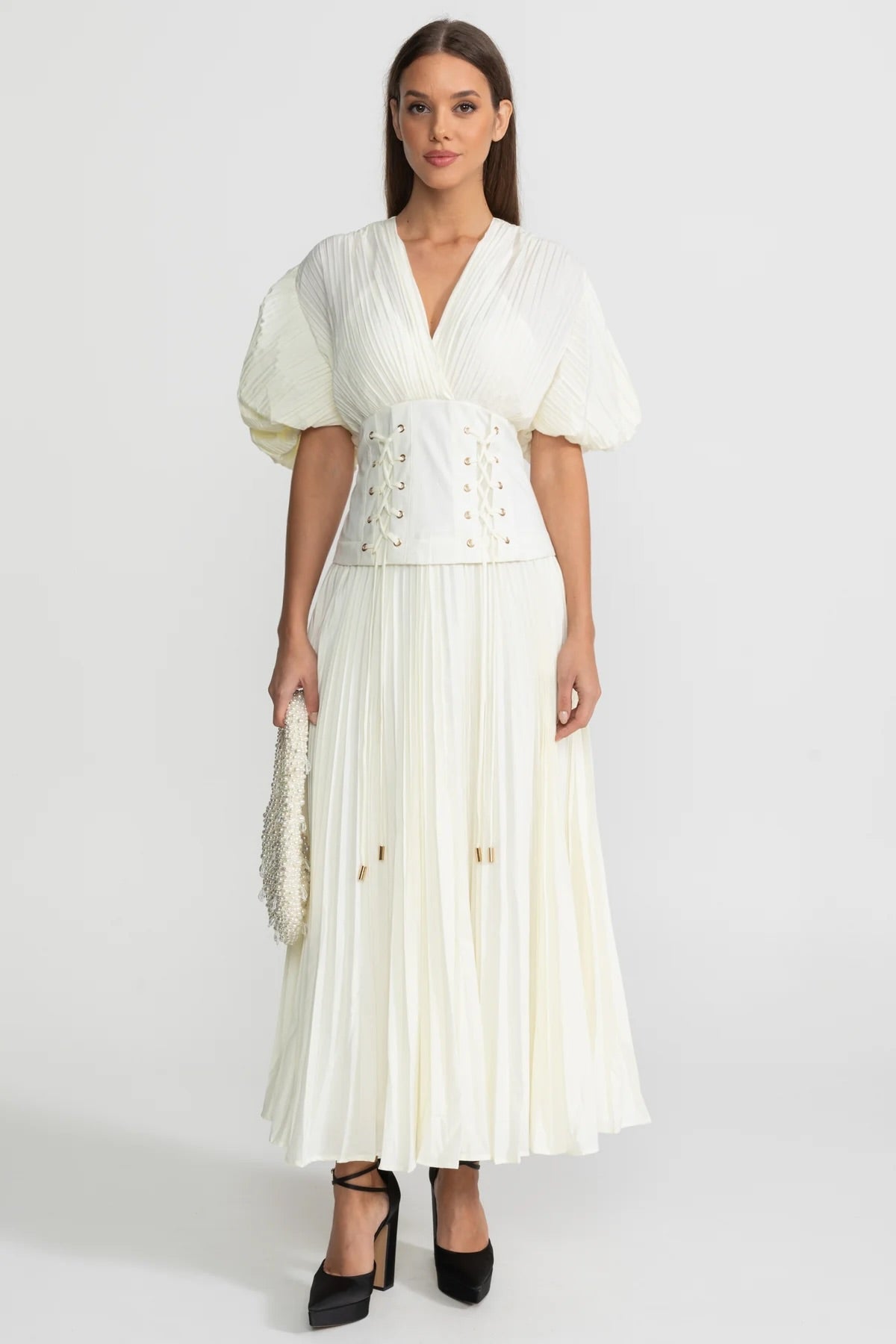 Pleated Maxi Dress with Corset Waist Detail - Ivoire