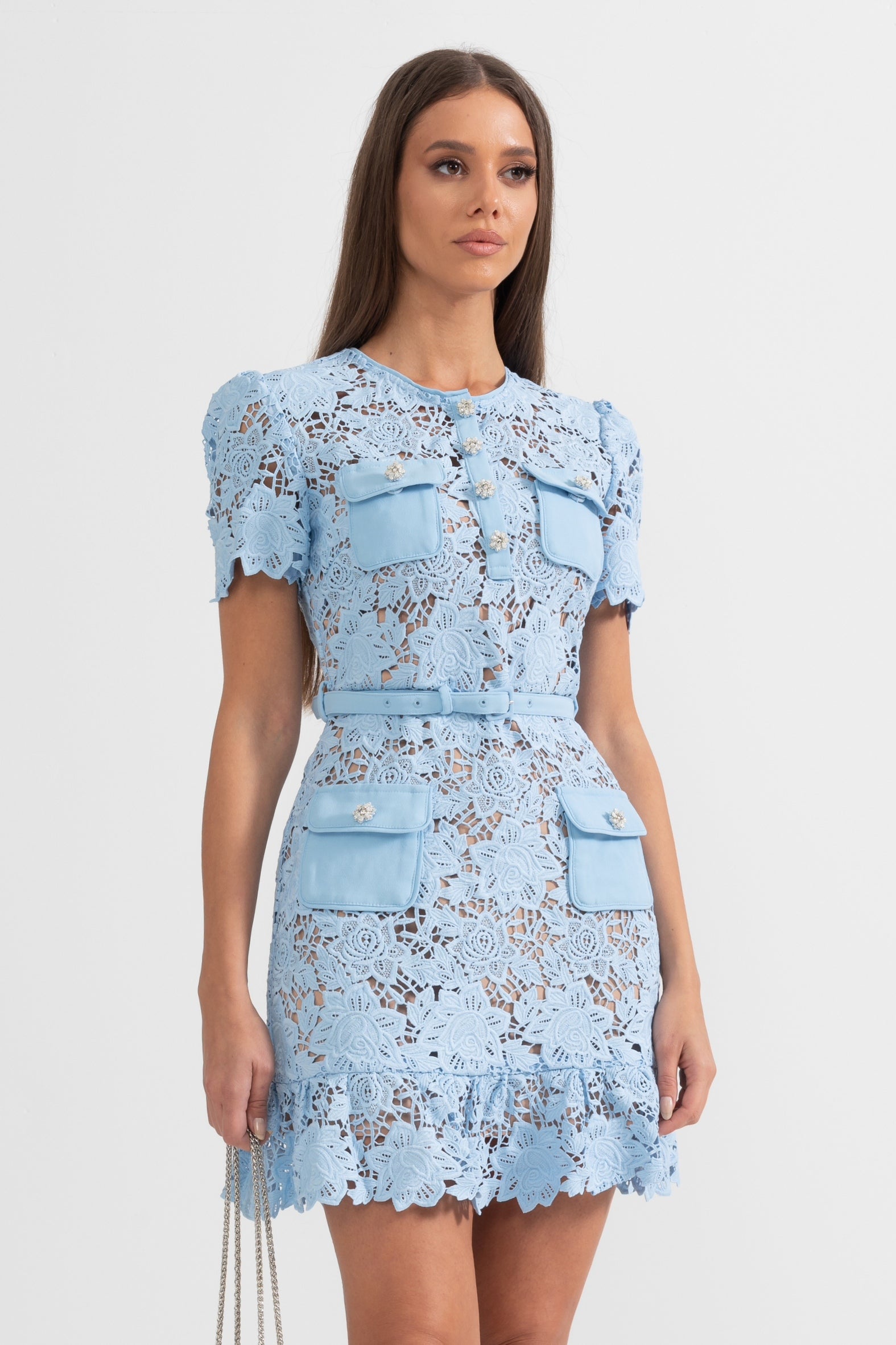 Short Sleeve Embroidered Floral Dress - Blue