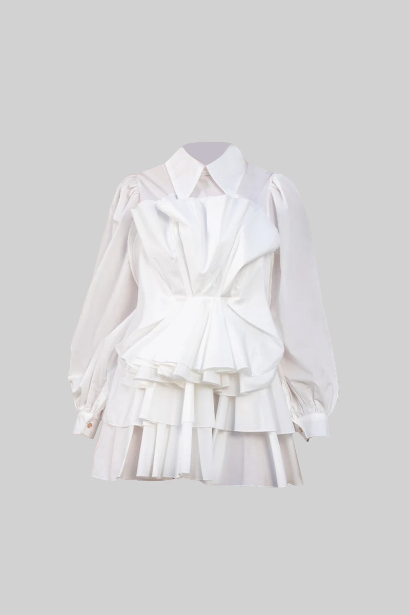 Ruffled Mini Dress Shirt with Puffy Sleeves - White