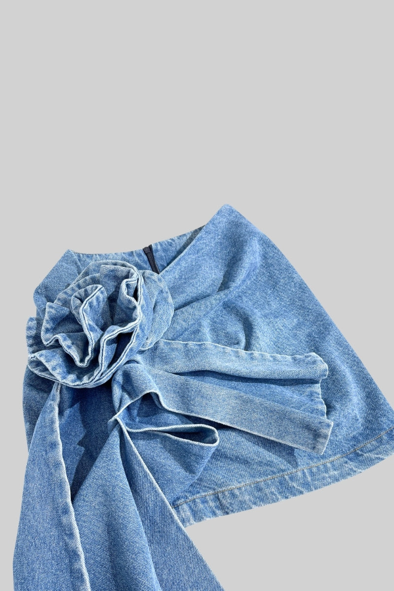 Asymmetrical Floral Denim Skirt - Blue