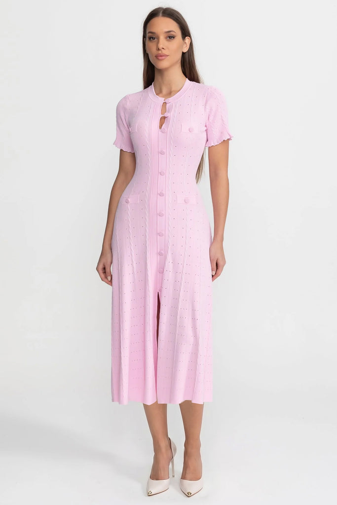 Knit Button-Front Midi Dress with Scalloped Sleeves – Pink