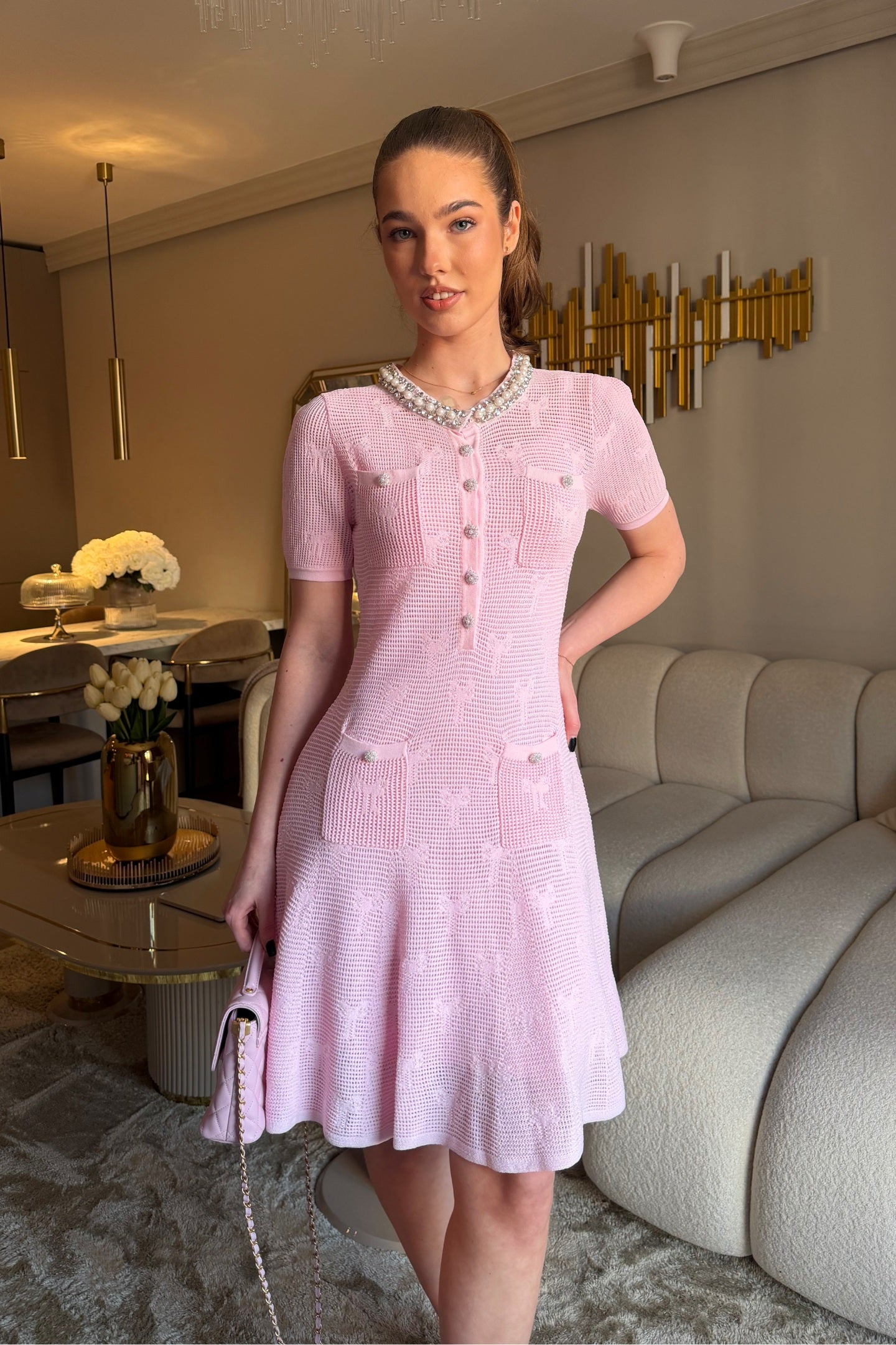 Textured Short Sleeve Mini Dress With Pearl Trim Neckline And Crystal Buttons - Pink