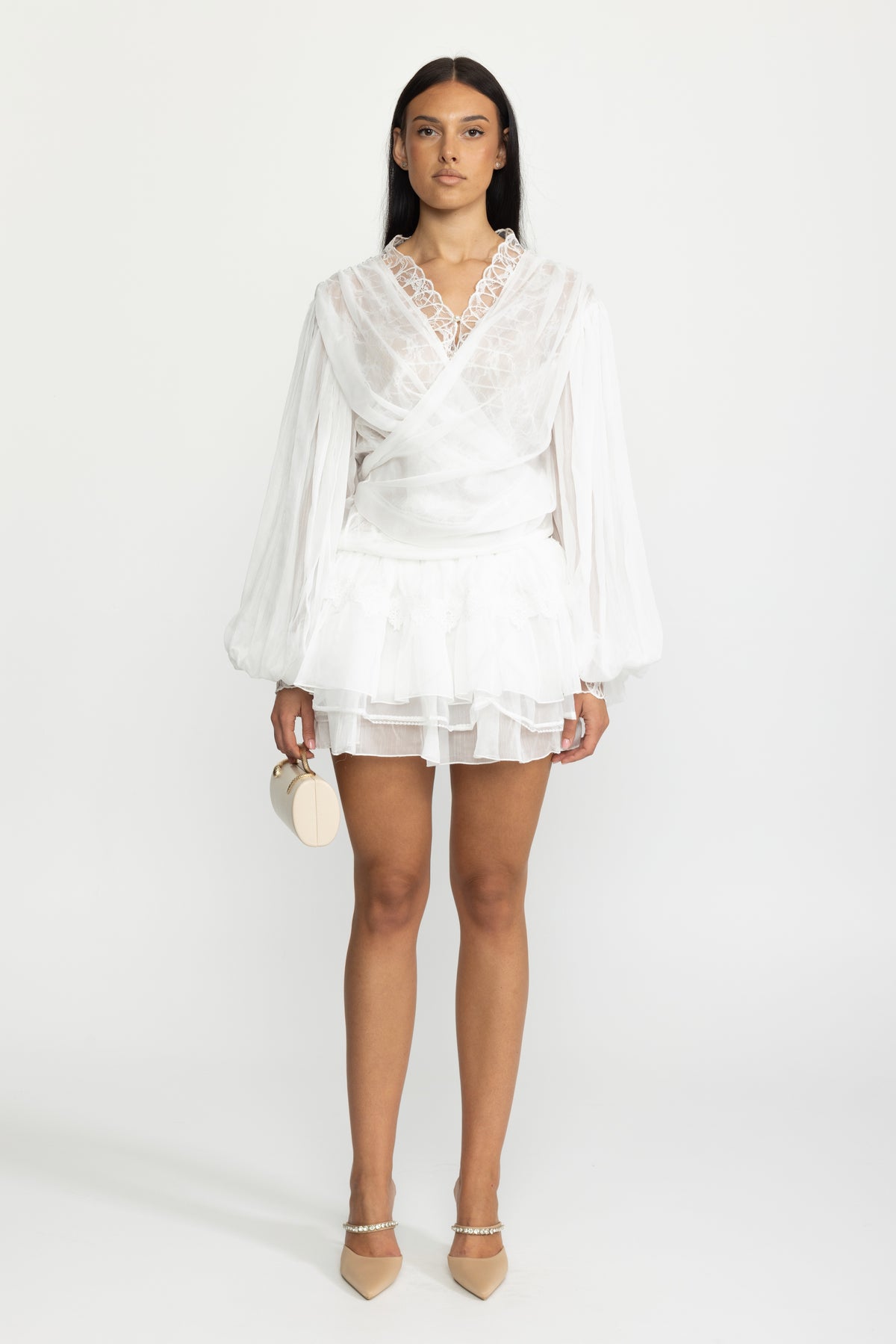 Lace Inset Chiffon Wrap Blouse and Ruffle Mini Skirt Co-ord Set - White