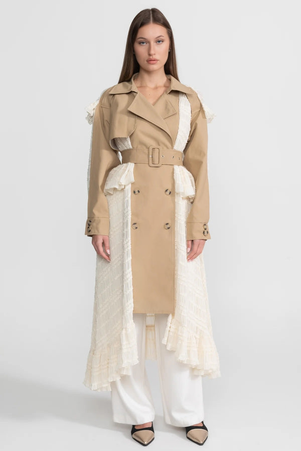 Longline Lace Panel Trench Coat With Belted Waist – Beige