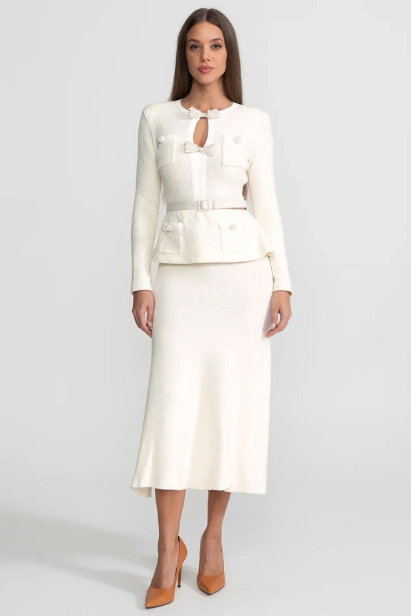 Tweed Peplum Knit Midi Dress – Ivoire