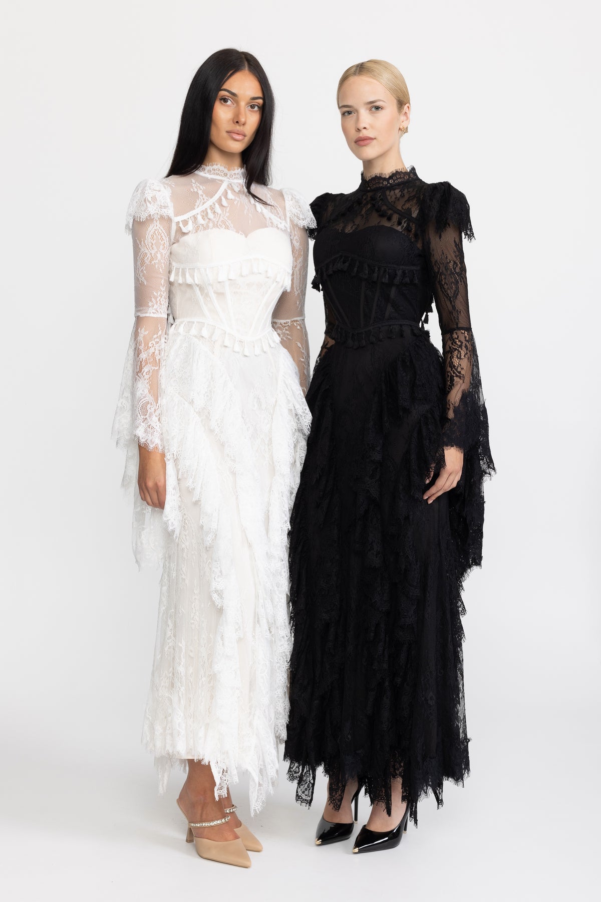 Tassel Trim Lace Corset Bell Sleeve Maxi Dress - Black